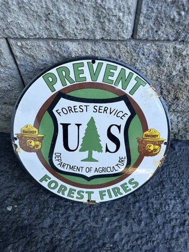 Vintage Forest Service Sign - Smokey the Bear Porcelain Gas Station Pump Sign