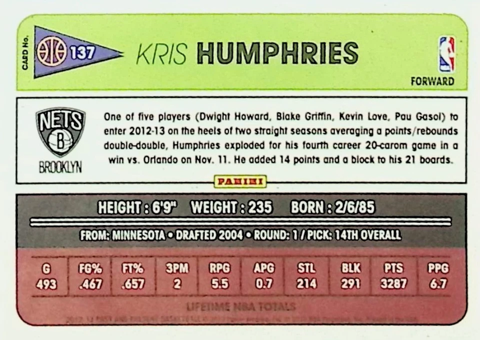 2012-13 PANINI PAST & PRESENT #137 KRIS HUMPHRIES BASE CARD NM-MT+ - Image 2 of 2