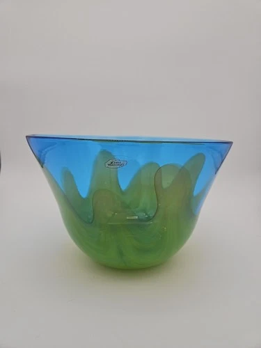 Vintage Large Blenko Art Blown Glass Fire And Ice Bowl Blue Chartreuse