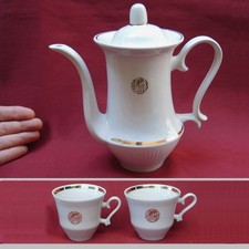 Old USSR Coffee POT + 2 Cups INTOURIST Emblem GLOBE Soviet Propaganda PORCELAIN