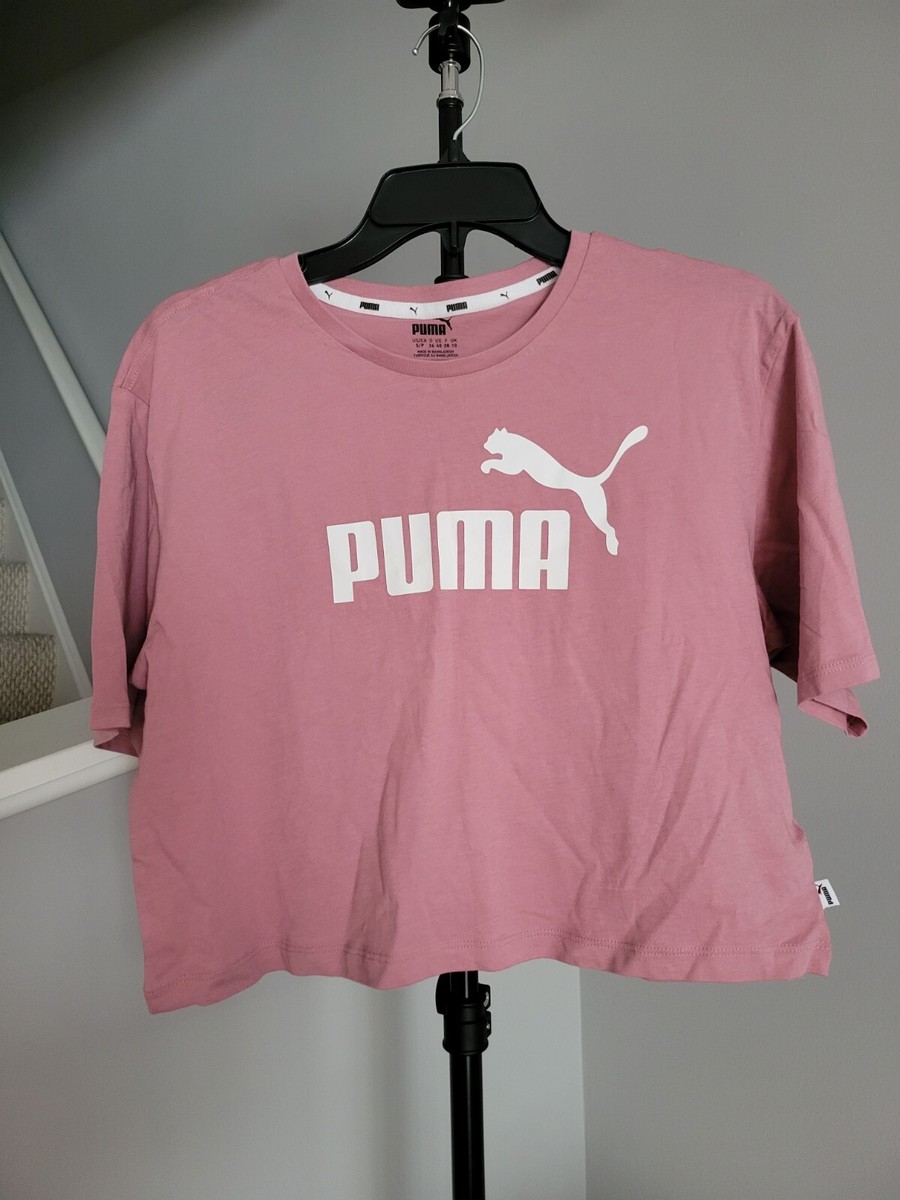 PUMA Logo Cropped Size S Pink Ladies Short Sleeve Crew Neck Activewear  T-Shirt