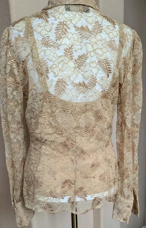 Dana Buchman 纽扣蕾丝上衣丝绸吊带背心套装女式 4 骆驼棕褐色衬衫 — 第 3/4 张图片