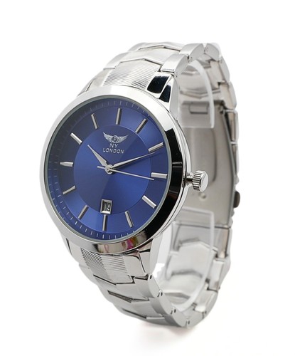 NY LONDON Silver and Blue face Men Fashion Metal Strap Date Analog Quartz Watch - Picture 5 of 11