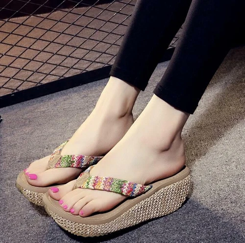 Damenschuhe Keilabsatz hoher Absatz Zehenstegsandalen Sommer Hausschuhe Freizeit Flip Flops - Bild 3 von 11