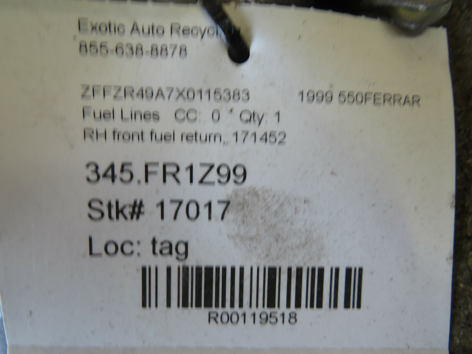 Ferrari 550, RH Front Fuel Return Line, Used, P/N 171452