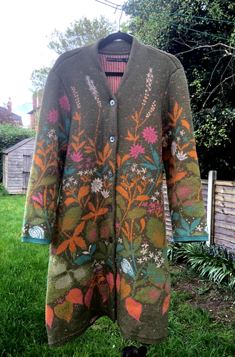 Gudrun Sjoden Olive Green Floral Coat Cardigan Wool Organic Cotton Knit M