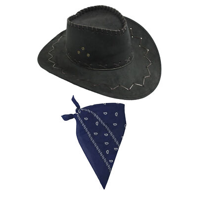 BLACK FAUX SUEDE COWBOY HATS AND NAVY PRINTED BANDANA WESTERN COSTUME  ACCESSORY UK
