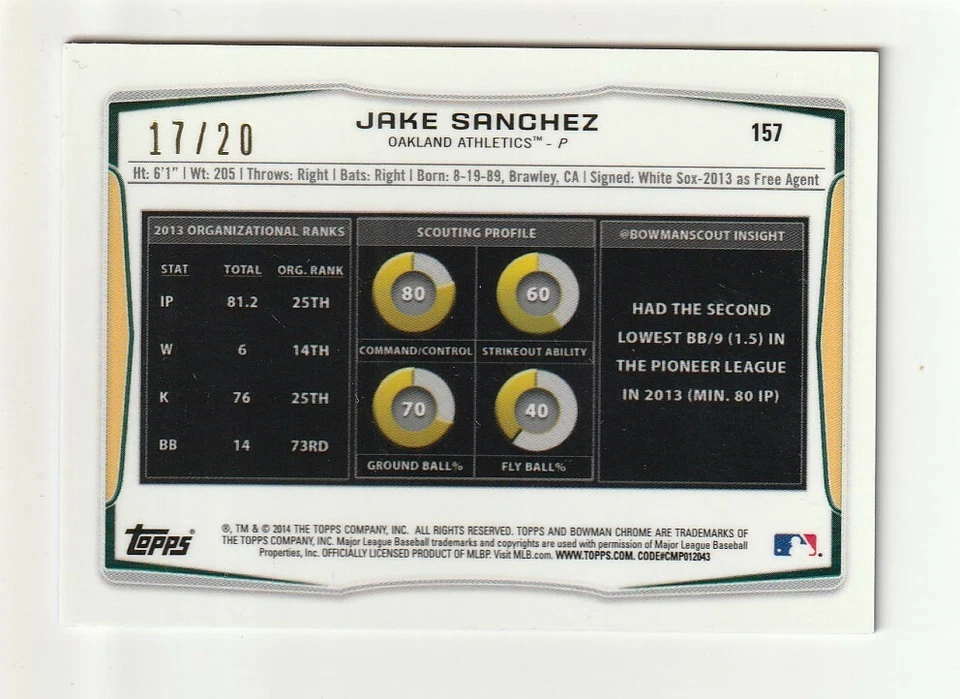 jake sanchez 2014 bowman chrome 1st bowman mini blue refractor 17/20 athletics - Image 2 of 2