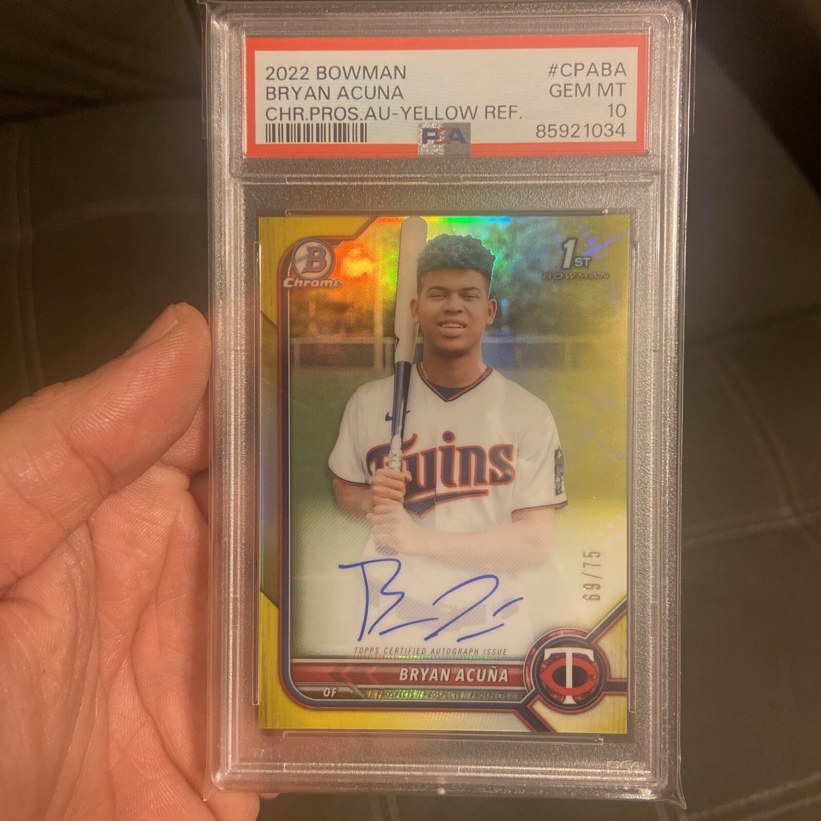 2022 Bryan Acuna Bowman Chrome 1st Yellow Refractor Auto /75 PSA 10