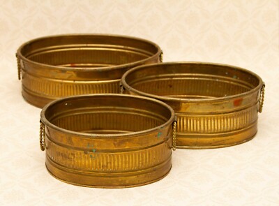 3er Set Pflanzgefäße abgestuft oval indisch Messing rustikal Vintage mit Griffen
