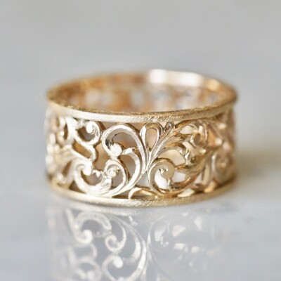 14K Gold Eternity Vine Engraved Band Stackable Bridal Women Ring Gift Ideas Her