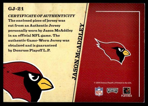 2004 Playoff Prestige Game Day Jerseys Jason McAddley Arizona Cardinals #GJ-21 - Picture 2 of 2