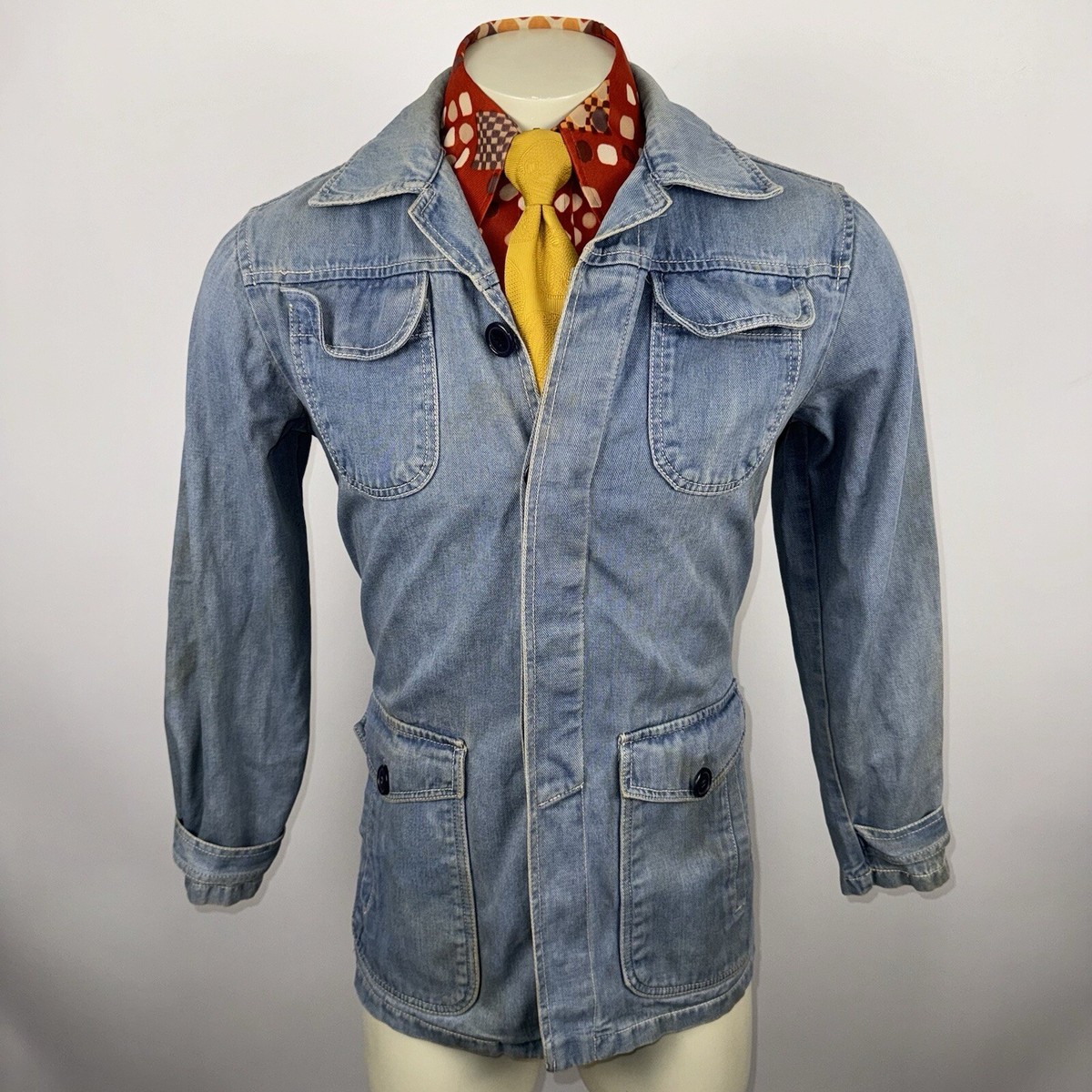 Male Denim Jacket Leisure Suit Blazer Blue Jean Vtg 60s 70s Disco Small Mens 38 Male Denim Jacket Leisure Suit Blazer Blue Jean Vtg 60s 70s Disco Small Mens 38