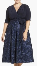 Alex Evenings Tea Length Jersey & Rosette Lace Dress Blue Size 24W
