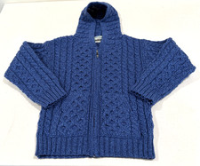 Vintage Aran Crafts Ireland Sz 6-7 Sweater Blue Cable Knit Wool Full Zip Hooded