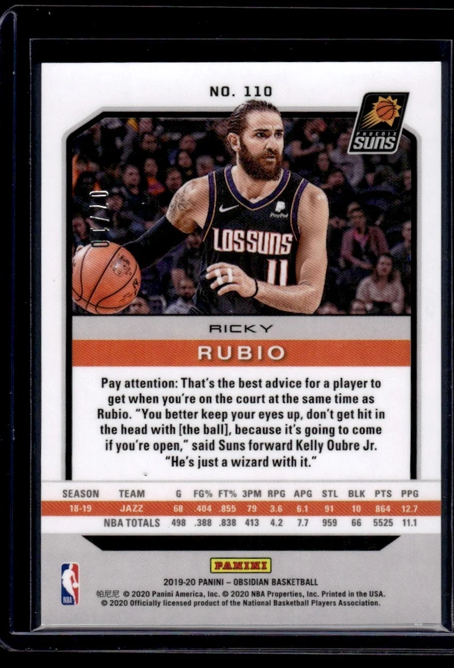 2019-20 PAnini Obsidian Electric Etch Yellow Ricky Rubio /10 #110 - Image 2 of 2