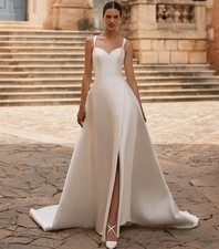 Satin Beach Wedding Dresses with Slit Spaghetti Straps Satin A-line Bridal Gowns