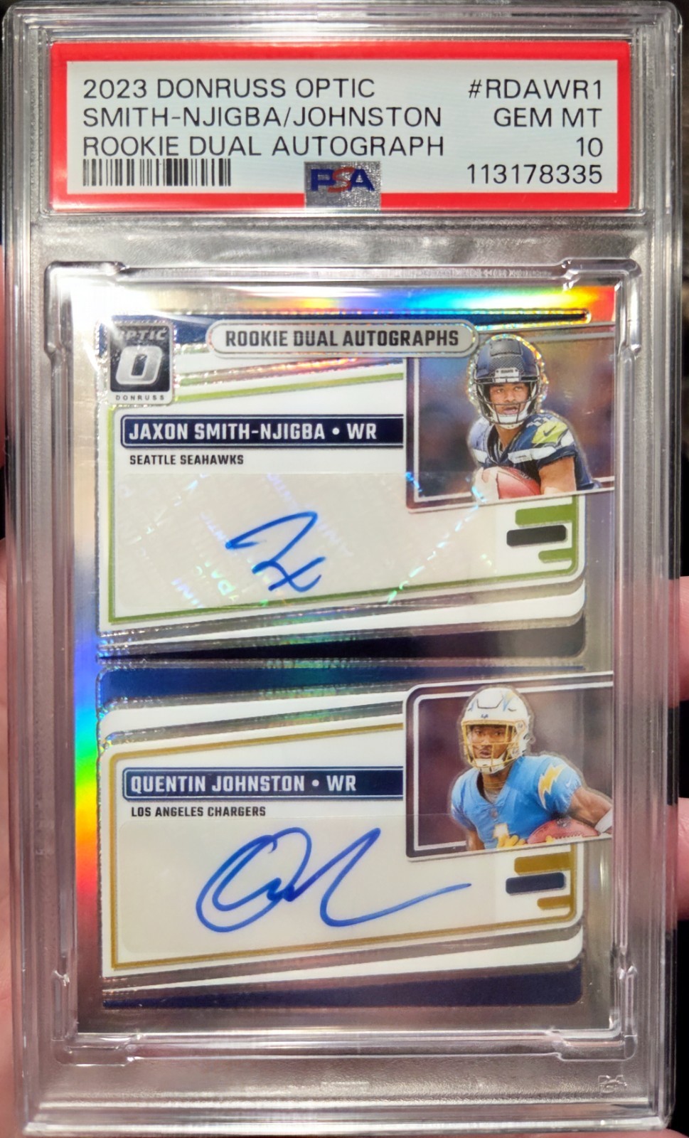 2023 Donruss Optic Smith-Njigba/ Johnson #RDA-WR1 Dual Rookie Auto 13/25 PSA 10