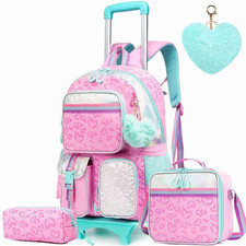 Pink Kids Rolling Backpack for Girls with Wheels Roller School Backpacks with Lu