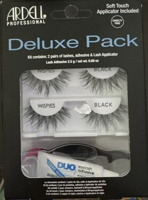 Ardell ~Deluxe Pack ~2 Pair WISPIES ~Black ~w/ Soft Touch Applicator + Adhesive 