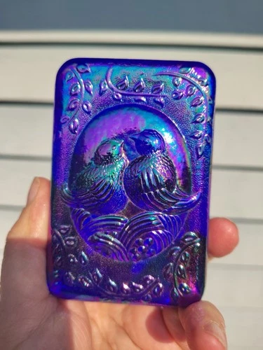 Vintage Fenton Cobalt Blue Carnival Glass "Love Birds" Brick Paperweight; Mint