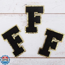3 Pack Chenille Iron On Glitter Varsity Letter 8cm Tall "F" Patches - Black C