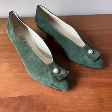 Vintage Italian Green Suede Kitten Heel Pearl Button Excellent Size 6.5