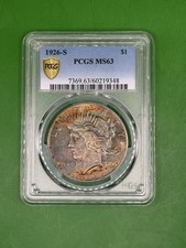 Beautiful Dual Toned 1926-S Silver Peace Dollar PCGS Gold Shield MS-63 See Video