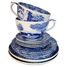 Spode Blue Italian 11-Pc Tea Set 2 Jumbo Breakfast Cups Plates 8" 7.5" 6.25"