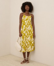 Pact Women's Fit & Flare Midi Dress Large Short Tropical Palms Chartreuse