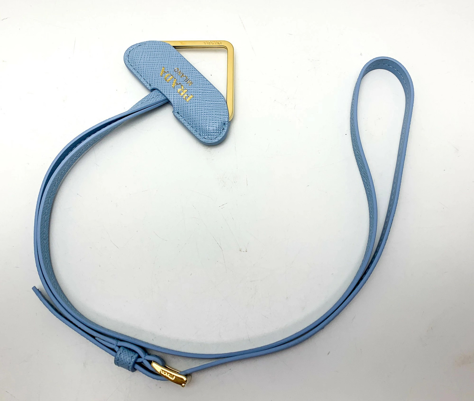 Prada Saffiano Light Blue Triangle Logo Neck Strap Unisex 73cm Excellent thumbnail 2