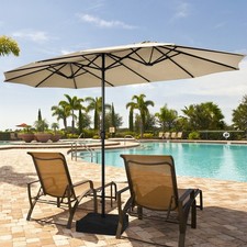 15 ft Double-Sided Patio Twin Umbrella Extra-Large Market Umbrella w/ Base Beige