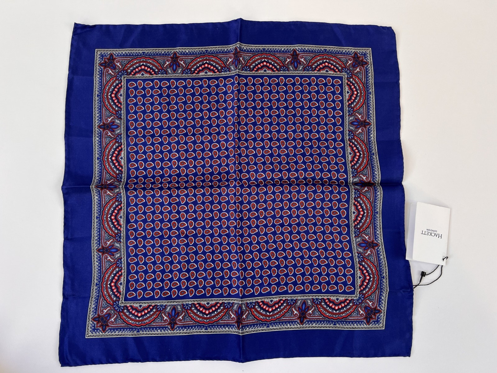 Hackett Pocket Square Paisley Boarder Pattern 100percent Silk Made In Italy RRP £85 image 3