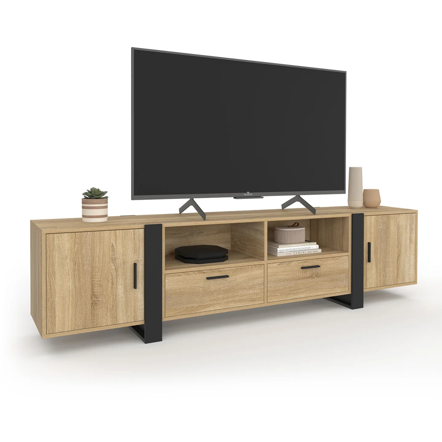 Meuble TV PHOENIX 200 cm en bois et noir au design contemporain robuste