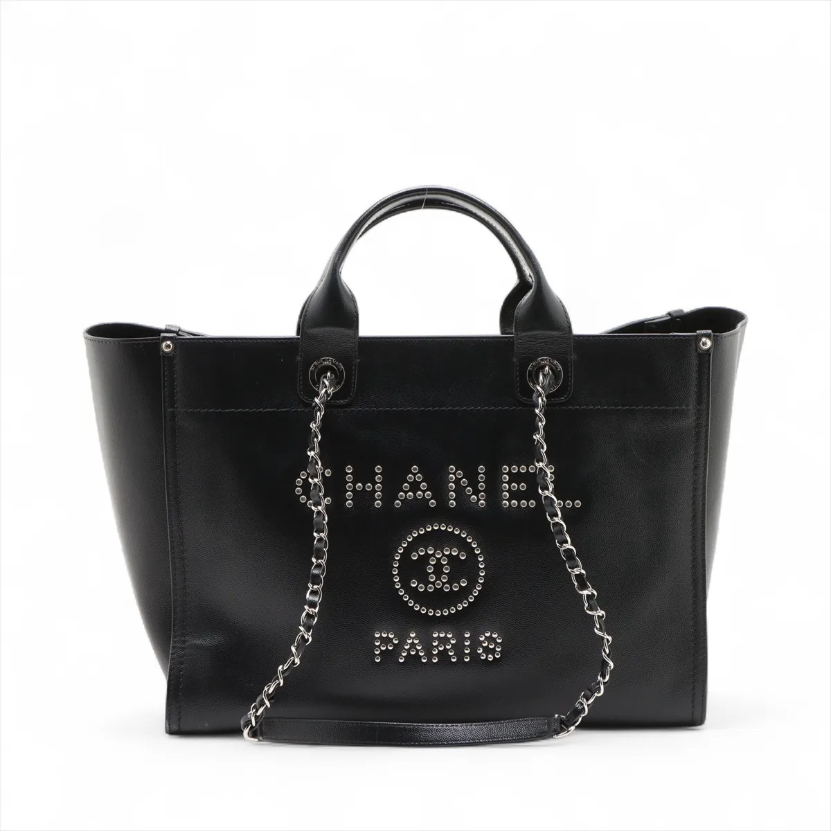 Chanel Deauville GM leather x studs 2 Way Tote Bag Black Silver Metal Fittings 2