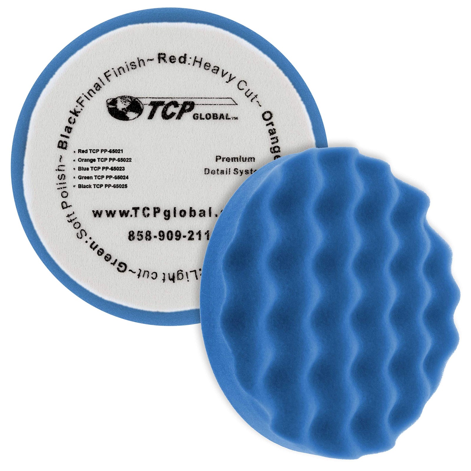 TCP Global 6.5" Blue Waffle Foam Buffing Pad Hook and Loop Backing - Light Cu...