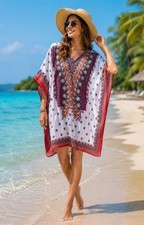 Women’s Short Beach Dress Kaftan Loose Fit L 34" Lightweight Resort Style