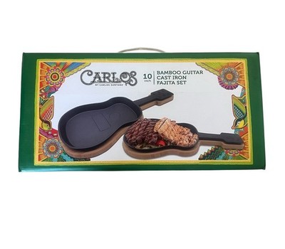 Carlos Santana 10'' Cast Iron Fajita Set Server Flatiron guitar w/ Bamboo Holder