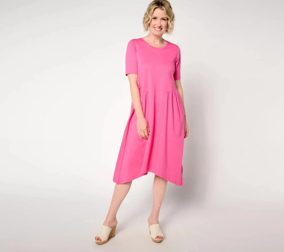 LOGO by Lori Goldstein Petite Cotton Modal Gusset Midi Dress Fruit Punch L New - Image 1 of 1