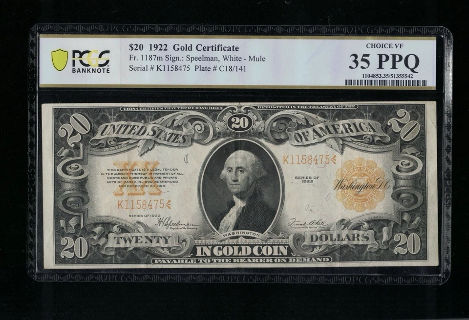 SC 1922 $20 Fr.1187m (Mule) Gold Certificate Blazing Original! PCGS 35 PPQ (475) - Image 2 of 4