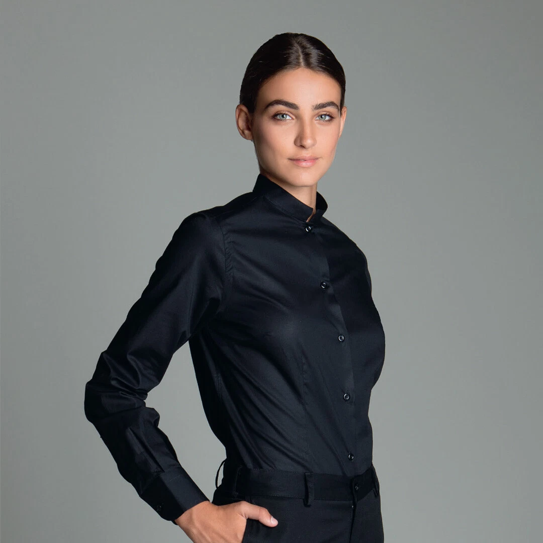 Camicia da lavoro donna nera Hollywood Stretch manica corta per cameriere e bariste- Isacco