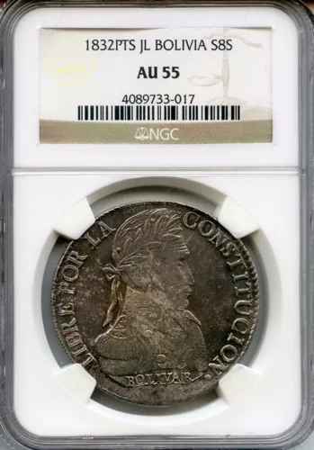 1832 BOLIVIA 8 SOLES JL SIMON BOLIVAR BUST SILVER CROWN NICE NGC-AU-55.