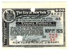 ORIG 1926 CITY OF NEW YORK - NEW YORK PUBLIC LIBRARY - $20.00 BOND COUPON