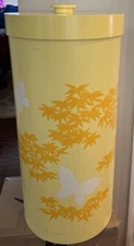VTG Laundry Basket Hamper MCM Yellow Butterflies Plastic w/Lid 24x12” Round