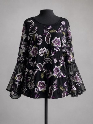 Top Blouse 2X Mesh Floral Embroidered Flutter Sleeve Fairy Boho Coquette Party
