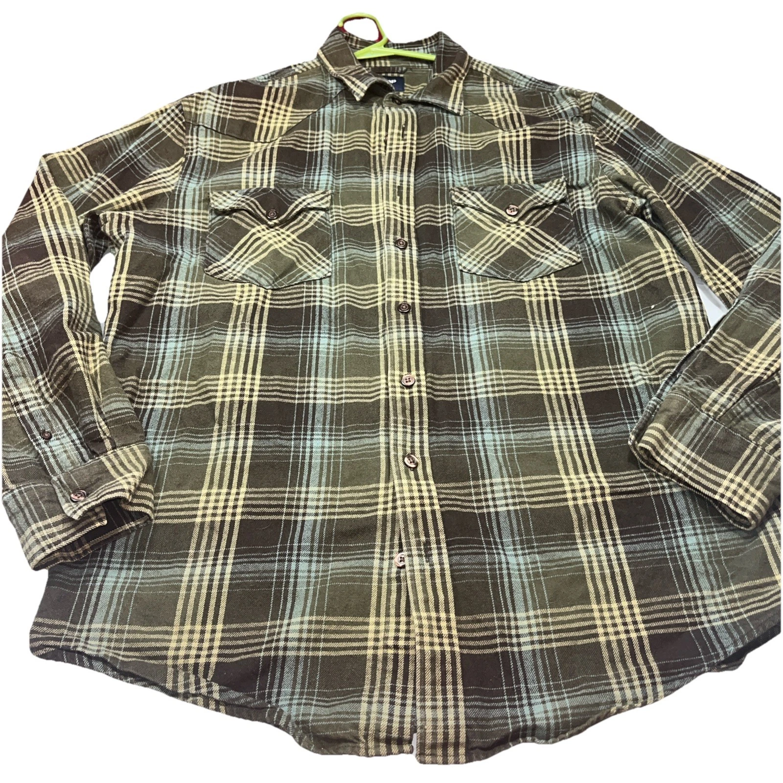 GAP BROWN tan Blue PLAID Flannel Button Up Shirt, Men’s XL Long Sleeved Western