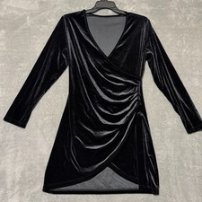 Shein Curve 1XL Dress Velvet Black VNeck Sleeves Knee Length Fitted Wrap Front