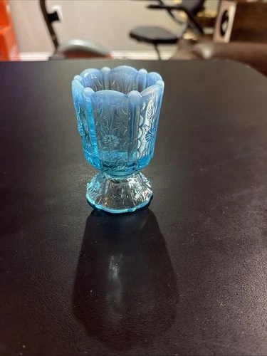 Vintage Fenton Aqua Blue Opalescent Glass Paneled Daisy Toothpick Votive Holder