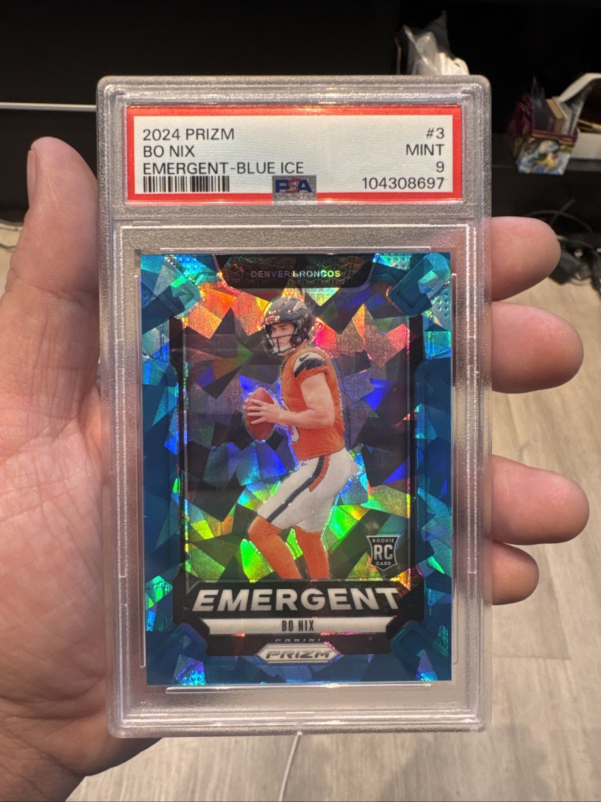 2024 Panini Prizm - Emergent Bo Nix #3 Blue Ice Prizm /99 (RC)