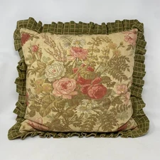Vtg Floral Pillow Square Ruffle Edge Cottage Grandmillennial Shabby Chic Country